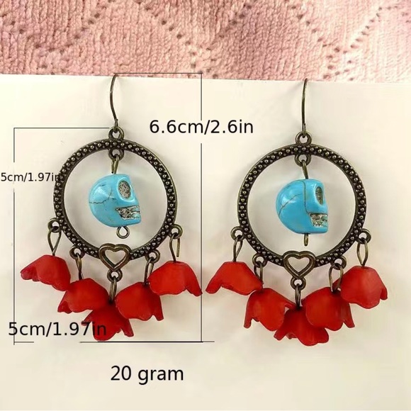 Skull And Rose Earrings * Goth Punk Halloween - Picture 3 of 5